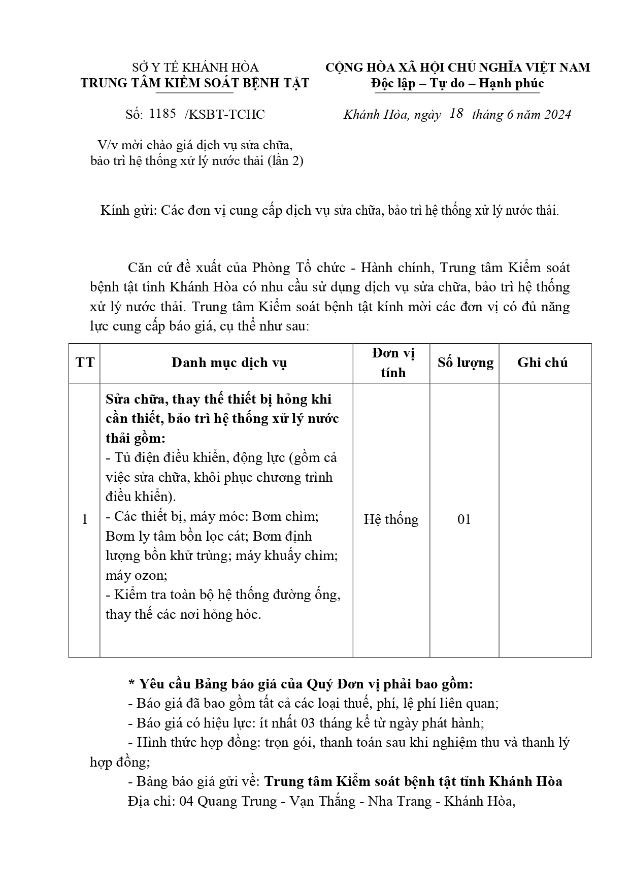 V/v mời chào giá dịch vụ sửa chữa, bảo trì hệ thống xử lý nước thải (lần 2)
